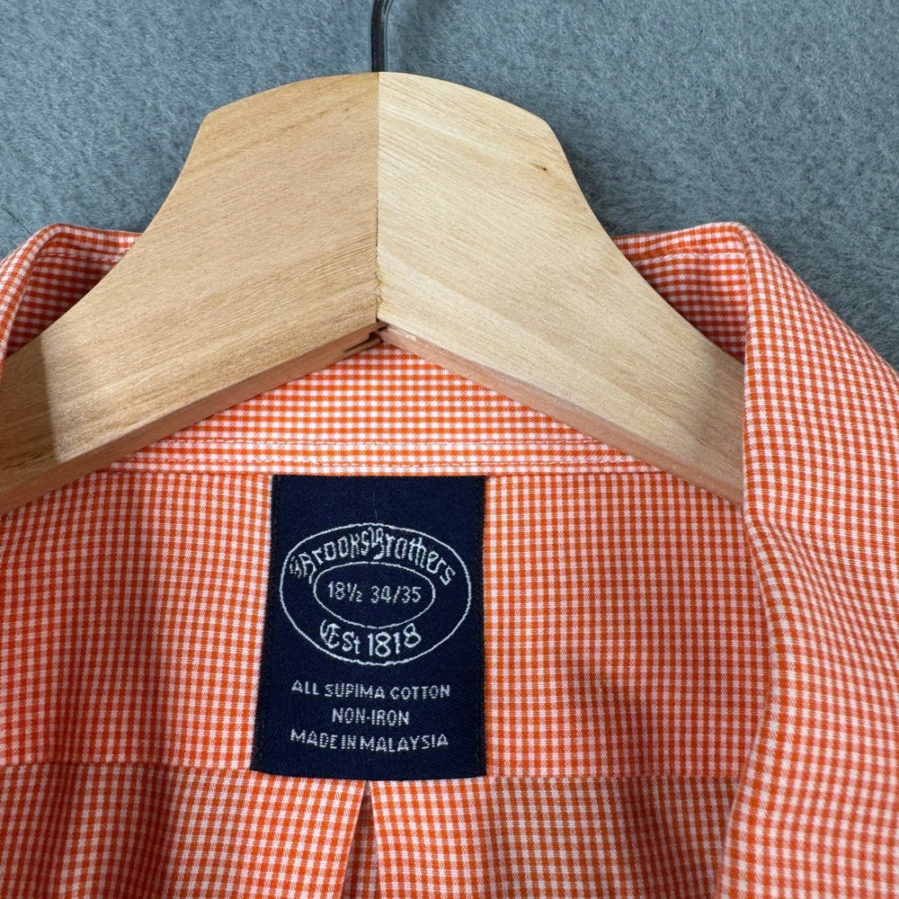 Brooks Brothers Mens 18.5 34/35 Orange Gingham 100% Supima Cotton Non-Iron Shirt - Picture 5 of 8
